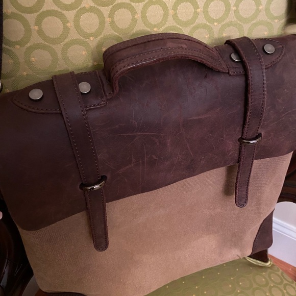 Men leather and brown canvas hobo style bag - Picture 4 of 4